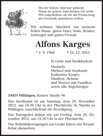 Todesanzeige von Alfons Karges von TRIERISCHER VOLKSFREUND
