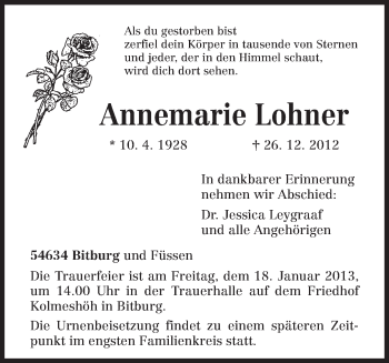 Todesanzeige von Annemarie Lohner von TRIERISCHER VOLKSFREUND
