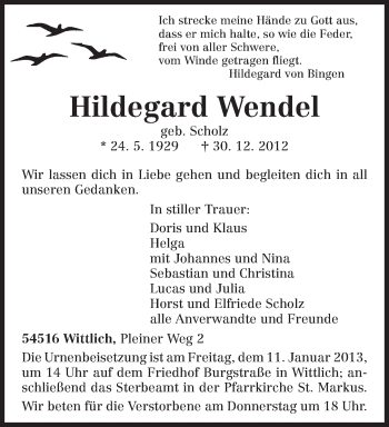 Todesanzeige von Hildegard Wendel von TRIERISCHER VOLKSFREUND