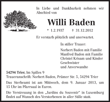 Todesanzeige von Willi Baden von TRIERISCHER VOLKSFREUND
