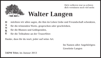 Todesanzeige von Walter Langen von TRIERISCHER VOLKSFREUND