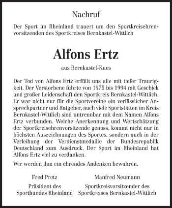 Todesanzeige von Alfons Ertz von TRIERISCHER VOLKSFREUND