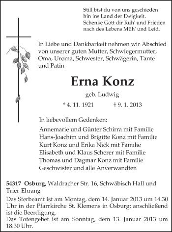 Todesanzeige von Erna Konz von TRIERISCHER VOLKSFREUND
