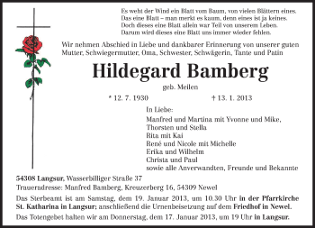 Todesanzeige von Hildegard Bamberg von TRIERISCHER VOLKSFREUND
