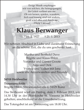 Todesanzeige von Klaus Berwanger von TRIERISCHER VOLKSFREUND