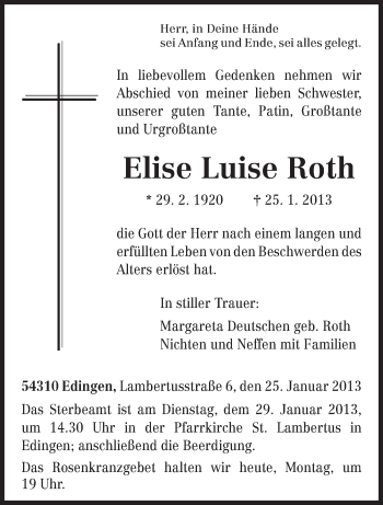 Todesanzeige von Elise Luise Roth von TRIERISCHER VOLKSFREUND