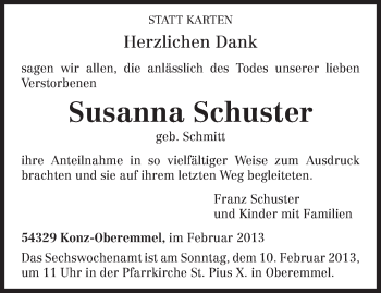 Todesanzeige von Susanna Schuster von TRIERISCHER VOLKSFREUND