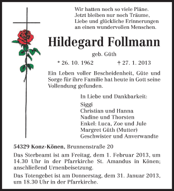 Todesanzeige von Hildegard Follmann von TRIERISCHER VOLKSFREUND