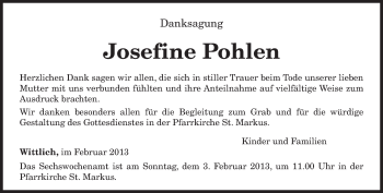 Todesanzeige von Josefine Pohlen von TRIERISCHER VOLKSFREUND