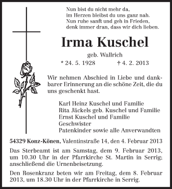 Todesanzeige von Irma Kuschel von TRIERISCHER VOLKSFREUND