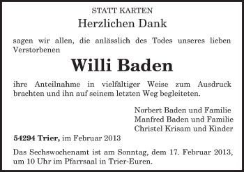 Todesanzeige von Willi Baden von TRIERISCHER VOLKSFREUND