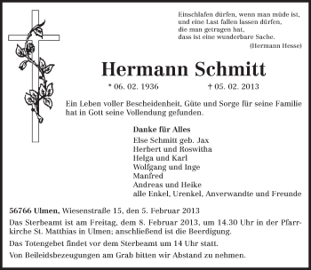 Todesanzeige von Hermann Schmitt von TRIERISCHER VOLKSFREUND