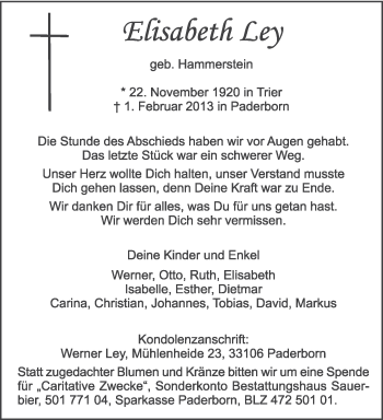 Todesanzeige von Elisabeth Ley von TRIERISCHER VOLKSFREUND