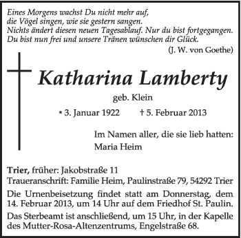 Todesanzeige von Katharina Lamberty von TRIERISCHER VOLKSFREUND