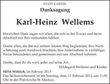 Todesanzeige von Karl-Heinz Wellems von TRIERISCHER VOLKSFREUND