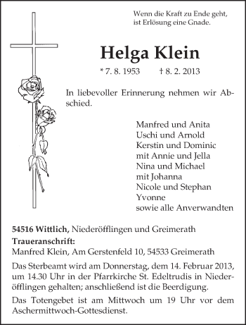 Todesanzeige von Helga Klein von TRIERISCHER VOLKSFREUND