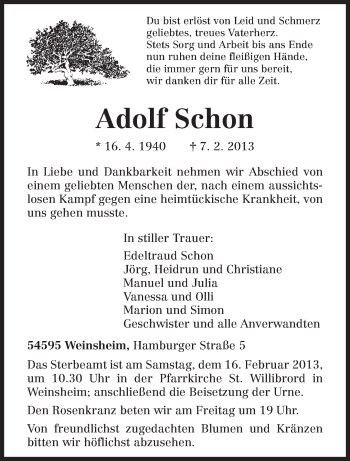 Todesanzeige von Adolf Schon von TRIERISCHER VOLKSFREUND