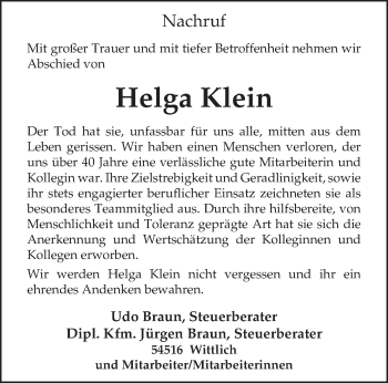 Todesanzeige von Helga Klein von TRIERISCHER VOLKSFREUND