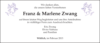 Todesanzeige von Franz und Marlene Zwang von TRIERISCHER VOLKSFREUND