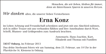 Todesanzeige von Erna Konz von TRIERISCHER VOLKSFREUND