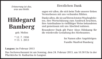 Todesanzeige von Hildegard Bamberg von TRIERISCHER VOLKSFREUND