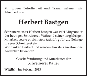 Todesanzeige von Herbert Bastgen von TRIERISCHER VOLKSFREUND