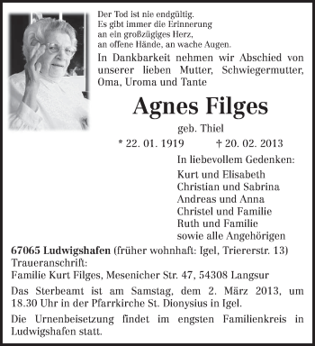 Todesanzeige von Agnes Filges von TRIERISCHER VOLKSFREUND