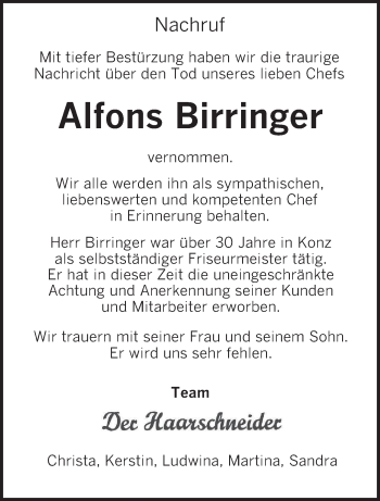 Todesanzeige von Alfons Birringer von TRIERISCHER VOLKSFREUND