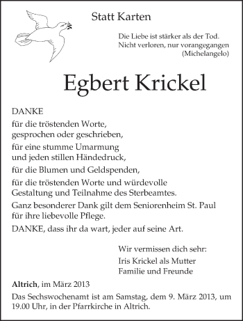 Todesanzeige von Egbert Krickel von TRIERISCHER VOLKSFREUND