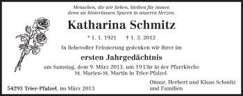 Todesanzeige von Katharina Schmitz von TRIERISCHER VOLKSFREUND