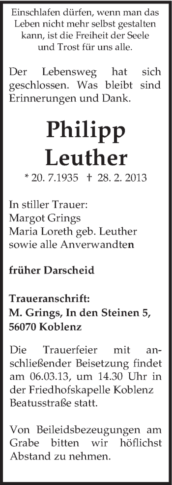 Todesanzeige von Philipp Leuther von TRIERISCHER VOLKSFREUND