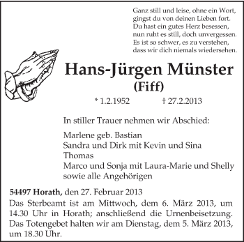 Todesanzeige von Hans-Jürgen Münster von TRIERISCHER VOLKSFREUND