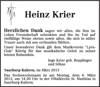 Todesanzeige von Heinz Krier von TRIERISCHER VOLKSFREUND