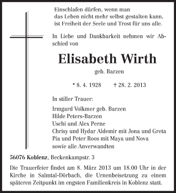 Todesanzeige von Elisabeth Wirth von TRIERISCHER VOLKSFREUND