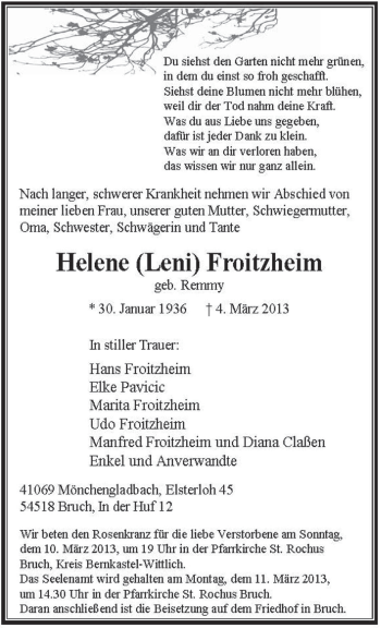 Todesanzeige von Helene Froitzheim von TRIERISCHER VOLKSFREUND