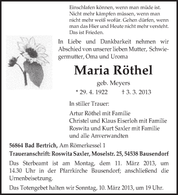 Todesanzeige von Maria Röthel von TRIERISCHER VOLKSFREUND