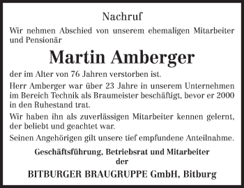 Todesanzeige von Martin Amberger von TRIERISCHER VOLKSFREUND