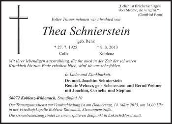 Todesanzeige von Thea Schnierstein von TRIERISCHER VOLKSFREUND