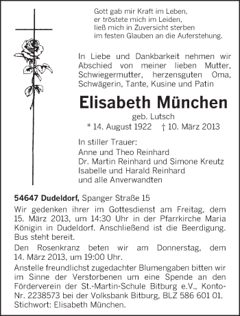 Todesanzeige von Elisabeth München von TRIERISCHER VOLKSFREUND