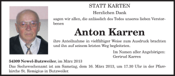 Todesanzeige von Anton Karren von TRIERISCHER VOLKSFREUND