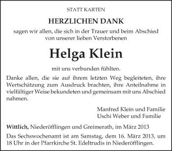 Todesanzeige von Helga Klein von TRIERISCHER VOLKSFREUND