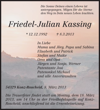 Todesanzeige von Friedel-Julian Kassing von TRIERISCHER VOLKSFREUND