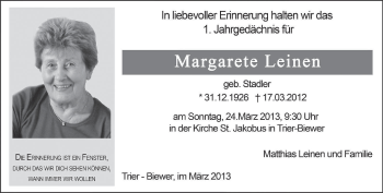 Todesanzeige von Margarete Leinen von TRIERISCHER VOLKSFREUND