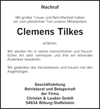 Todesanzeige von Clemens Tilkes von TRIERISCHER VOLKSFREUND