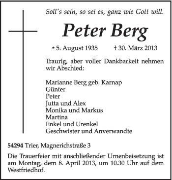 Todesanzeige von Peter Berg von TRIERISCHER VOLKSFREUND