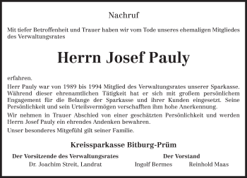 Todesanzeige von Josef Pauly von TRIERISCHER VOLKSFREUND