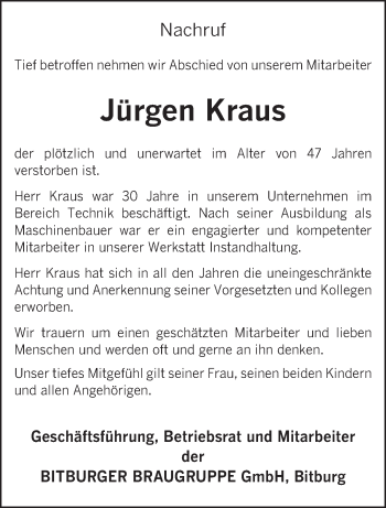 Todesanzeige von Jürgen Kraus von trierischer_volksfreund