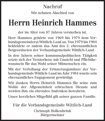 Todesanzeige von Heirnich Hammes von TRIERISCHER VOLKSFREUND