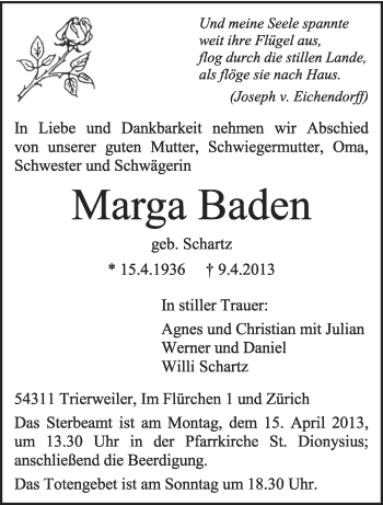 Todesanzeige von Marga Baden von TRIERISCHER VOLKSFREUND