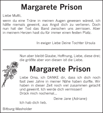 Todesanzeige von Margarete Prison von TRIERISCHER VOLKSFREUND